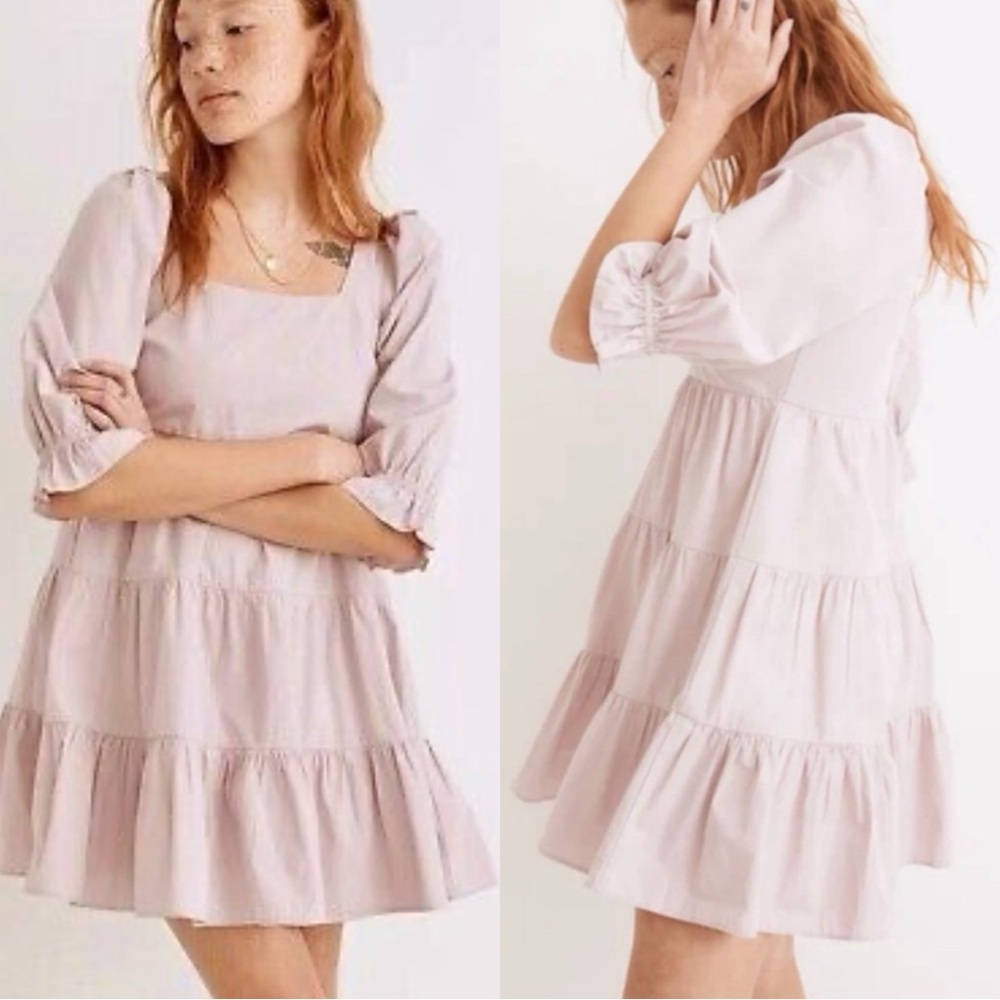 MADEWELL Poplin Lizzie Pink Tiered Puff Sleeve Dress